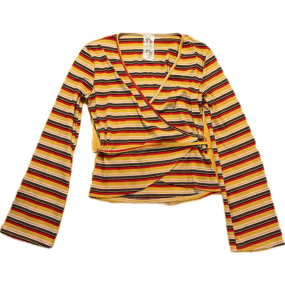 Sadie & Sage Women's Boho Wrap Tie Blouse Multicolor Striped Bell Sleeve S‎
